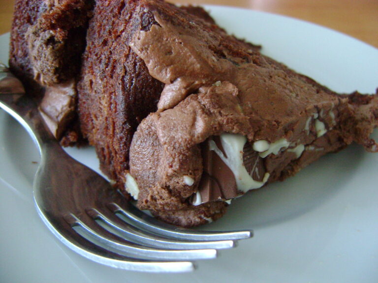 Fatia de bolo de chocolate fofinho em um prato branco